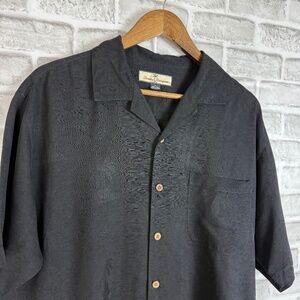 Tommy Bahama All Black Embroidered Palm Tropical Hawaiian Silk Camp Shirt MEDIUM